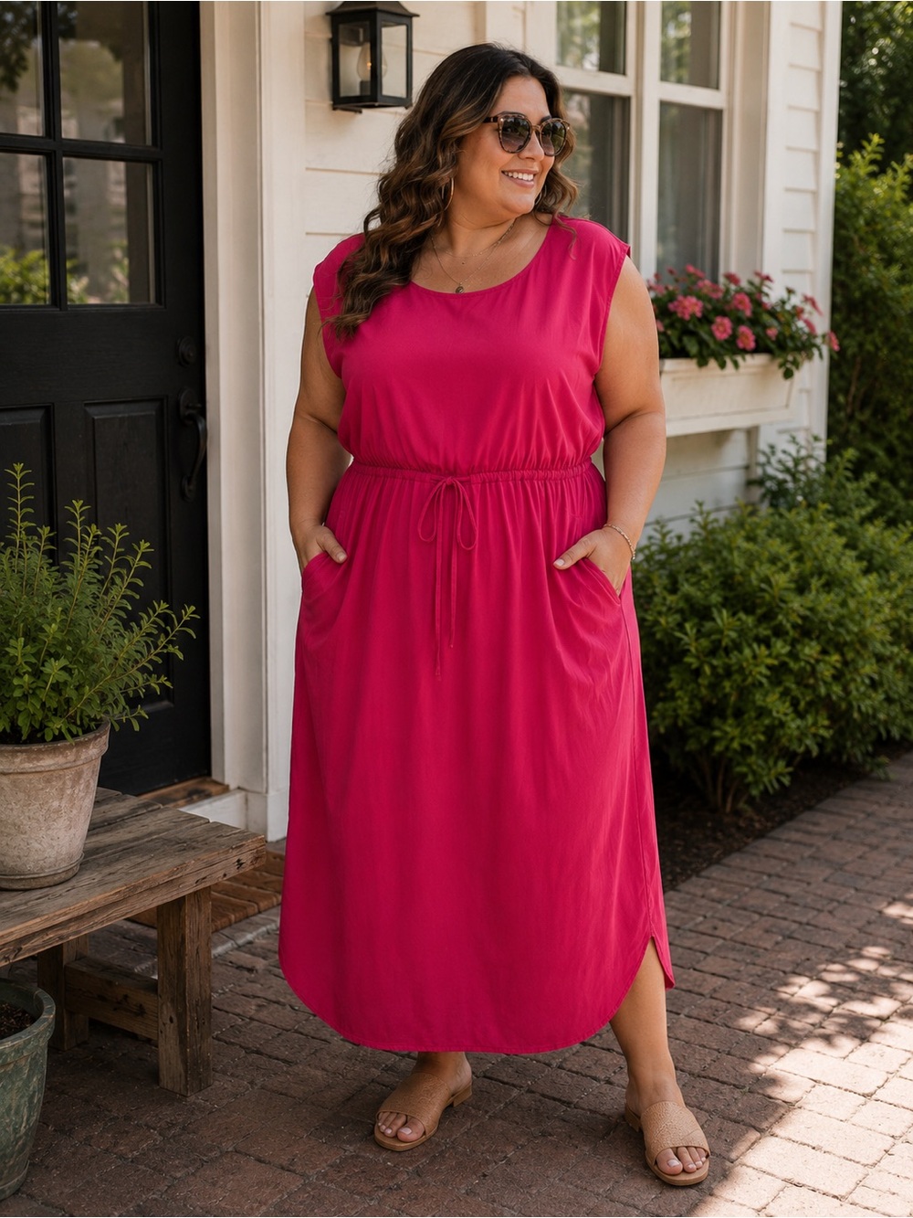 Chico's Sleeveless Drawstring Midi Dress  Fuchsia Pockets Resort Glam
